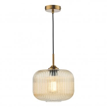 light pendant with brass base and ribbed amber glass shade