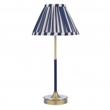 matt antique brass & satin blue table lamp with navy & cream striped shade