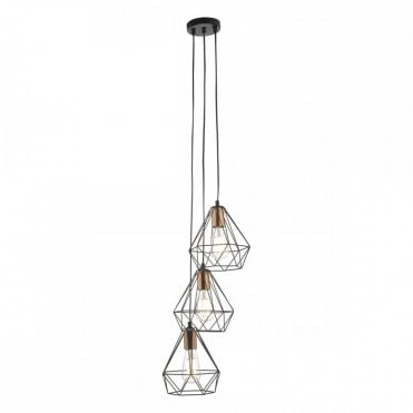 DEYON 3 Light Ceiling Pendant Cluster in Black & Copper Industrial Cage
