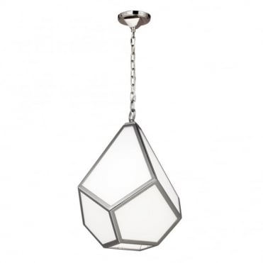 White Opal Ceiling Pendant, Geometric Design Edged in Nickel
