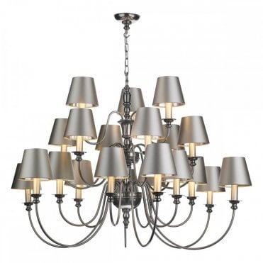 DICKENS 21 Light Ceiling Chandelier Pendant Pewter with Cloud Satin Shades