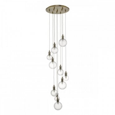 DITA 10 Light Cascading Ceiling Pendant Cluster in Brass with Ribbed Glass Shades