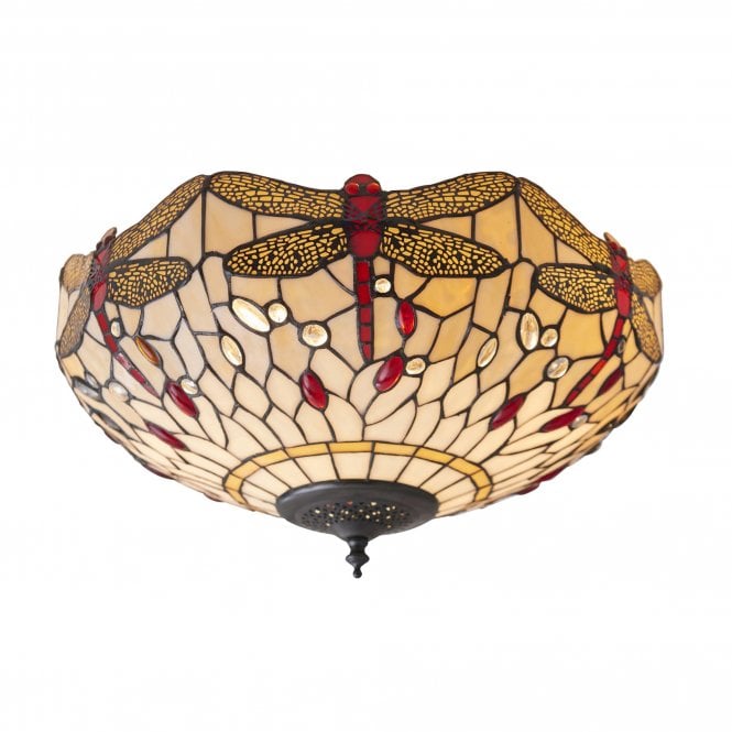 DRAGONFLY Beige Medium 2Lt Flush with Tiffany Glass