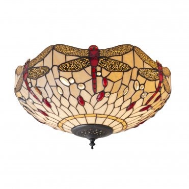DRAGONFLY Beige Medium 2Lt Flush with Tiffany Glass