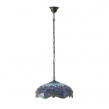 DRAGONFLY Blue Medium 3Lt Ceiling Pendant with Tiffany Glass