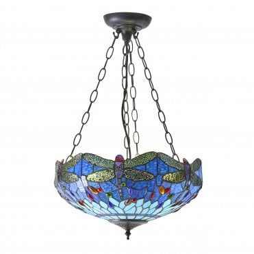 Blue Medium Inverted 3Lt Ceiling Pendant with Tiffany Glass