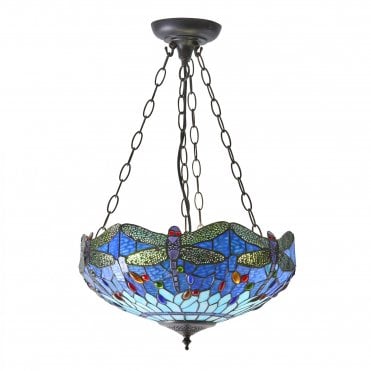 DRAGONFLY Blue Medium Inverted 3Lt Ceiling Pendant with Tiffany Glass