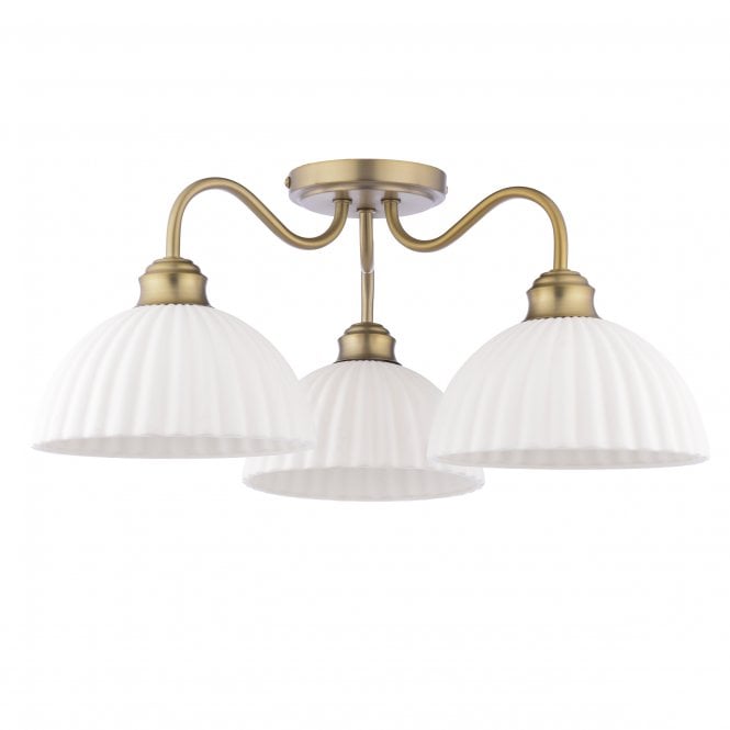 Durford Matt Antique Brass 3 Light Semi-Flush with White Ceramic Shades