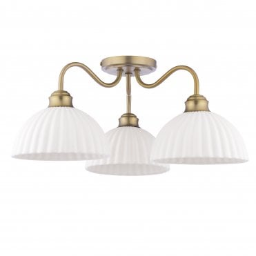 matt antique brass semi-flush ceiling light with 3 white ceramic shades