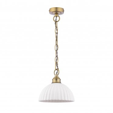 matt antique brass pendant with white ribbed ceramic shade