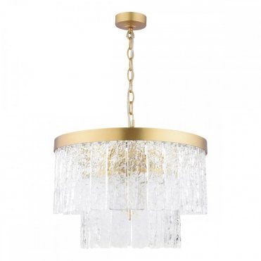 small brass and textured glass tiered chandelier