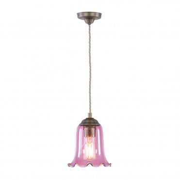 Pendant light in antique brass with pink glass shade