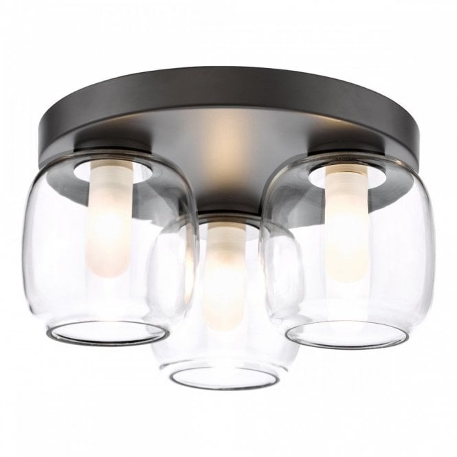 Edaline 3 Light Semi-Flush Bathroom Ceiling Light - Matt Black and Glass IP44