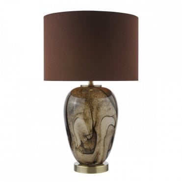 Egas Table Lamp with Brown Marble Effect Glass Base, Antique Brass Detail and Faux Silk Shade – Available at lightingandlights.co.uk