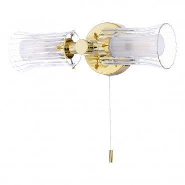 Dual bathroom light with polished gold finish and ribbed glass shades