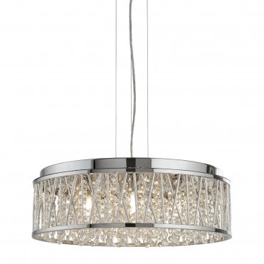 ELISE 7 Light Ceiling Flush/Pendant Chrome Clear Crystal Drops Aluminium Tubes Trim