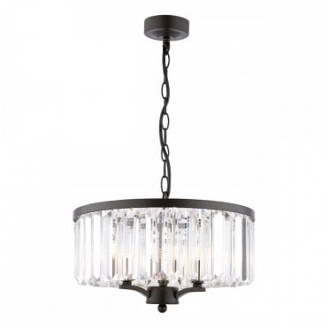 matt black modern crystal chandelier with faceted glass crystals in a drum shape