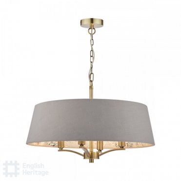 brass 5 light ceiling pendant with taupe, floral lined shade