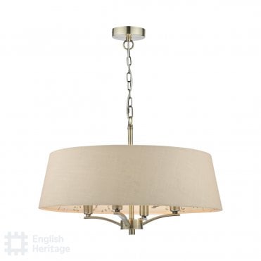 brass chandelier with taupe shade, lined with chinoiserie floral pattern