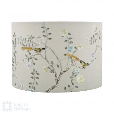 taupe drum shade with chinoiserie floral pattern