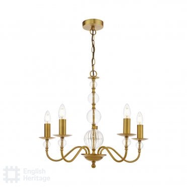 5 armed brass chandelier with ribbed glass bead details