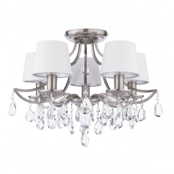 Enstone 5 Light Semi-Flush Ceiling Light - Polished Nickel & Crystal with Ivory Shades