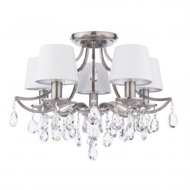 Laura Ashley 5 Light semi-flush in polished nickel and crystal with shades