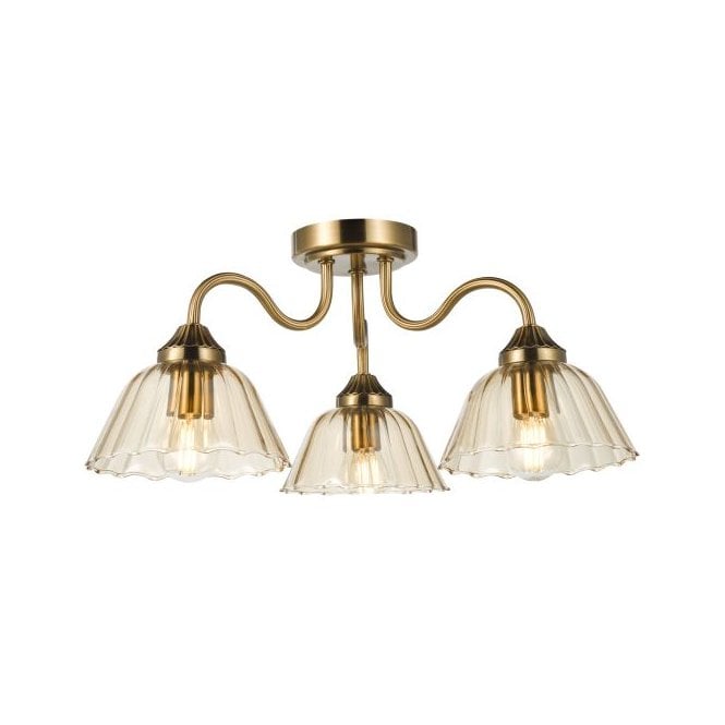 Erika 3 Light Semi-Flush Ceiling Light - Antique Bronze with Amber Glass Shades