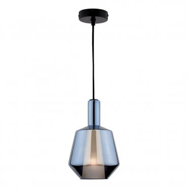 Blue glass hanging pendant light with reflective finish and opal diffuser