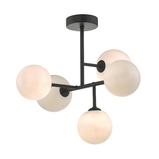 EUAN Modern Semi Flush Ceiling Light in Black with Opal Glass Globe Shades