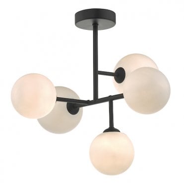 Modern Semi Flush Ceiling Light In Black With Opal Glass Globe Shades