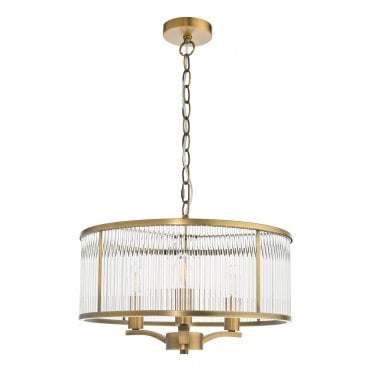 3 light ceiling pendant in antique brass with ribbed glass
