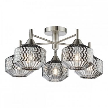 Fabrienne 5 Light Semi Flush Ceiling Light in Satin Nickel with Smoked Glass – modern low ceiling light from Lighting and Lights