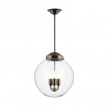 Fairfax 3 light pendant with antique brass finish and clear glass shades by Lighting and Lights