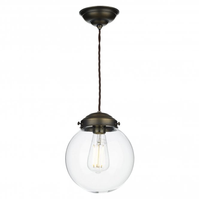 FAIRFAX Small Ceiling Pendant in Antique Brass with clear glass globe shade