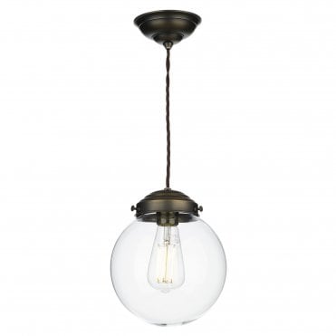 FAIRFAX Small Ceiling Pendant in Antique Brass with clear glass globe shade