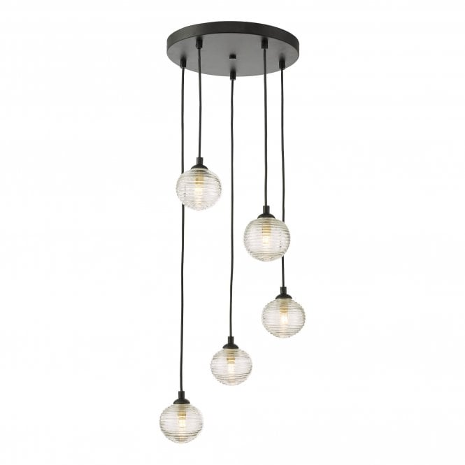 FEDERICO 5 Light Cluster Pendant Black Clear Ribbed Glass