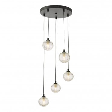 black 5 light cluster ceiling pendant with ribbed glass shades
