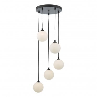 5 light cluster pendant in black with opal shades