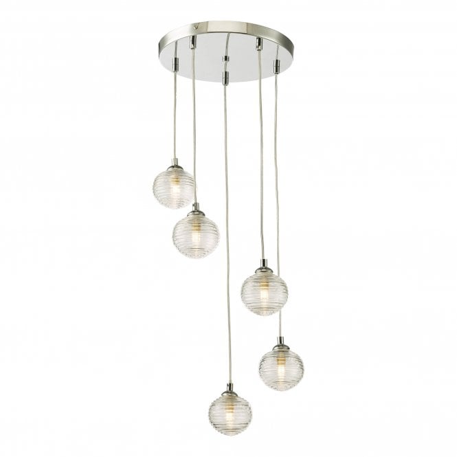 FEDERICO 5 Light Cluster Pendant Polished Chrome Clear Ribbed Glass