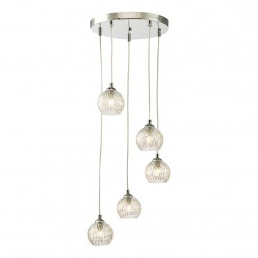 5 light Cluster pendant in chrome with wire glass shades