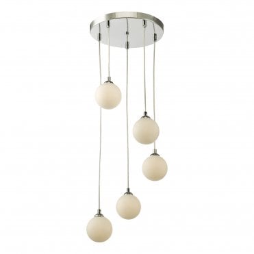 5 light chrome cluster ceiling pendant with opal glass shades