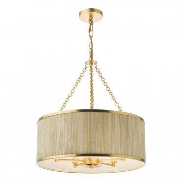5 light ceiling pendant in gold leaf with seagrass and linen drum shade