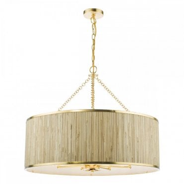 Fenella 8 Light Seagrass and Gold Leaf Pendant Light – Natural Drum Ceiling Light for Dining or Living Rooms – Lightingandlights.co.uk