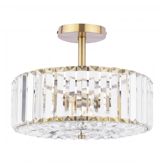 Fernhurst 3 Light Semi-Flush Ceiling Light Crystal and Antique Brass
