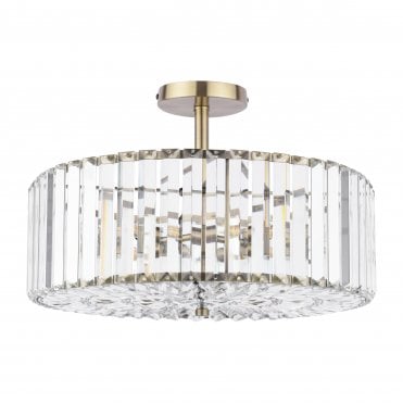 antique brass & crystal semi-flush ceiling light