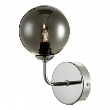 chrome curved arm wall light with smoked glass globe shade