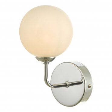 chrome curved arm wall light with opal glass globe shade