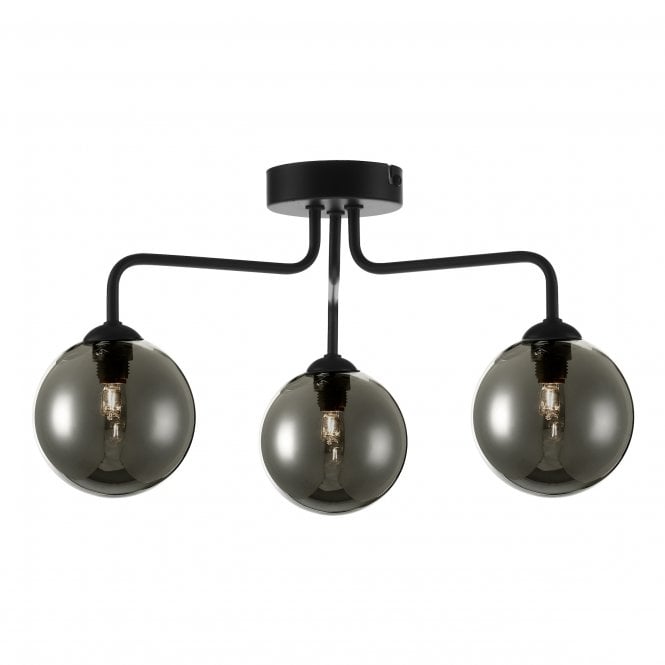 FEYA 3 Light Semi Flush Ceiling Light Ceiling Light Matt Black Smoked Glass