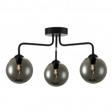 FEYA 3 Light Semi Flush Ceiling Light Ceiling Light Matt Black Smoked Glass